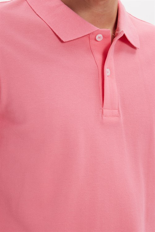 Erkek Slim Fit Dar Kesim %100 Pamuk Kısa Kollu Polo Yaka Pembe Tişört