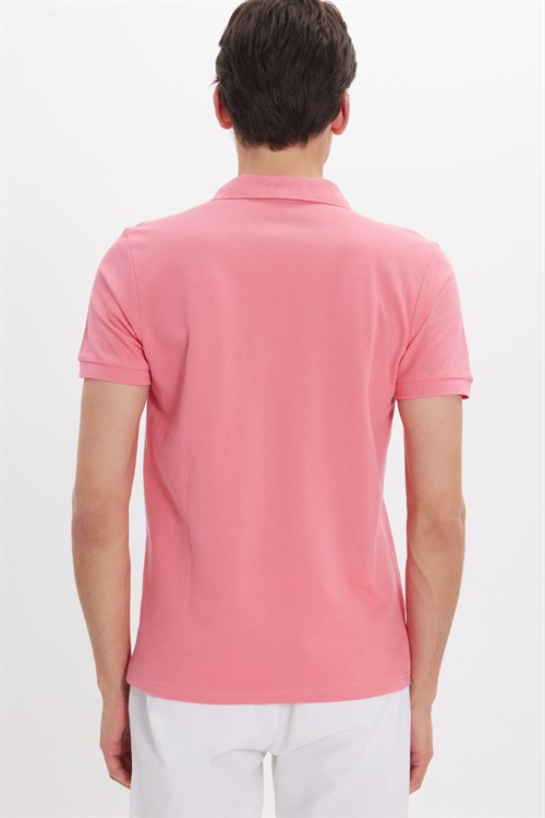 Erkek Slim Fit Dar Kesim %100 Pamuk Kısa Kollu Polo Yaka Pembe Tişört