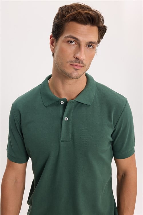 Erkek Slim Fit Dar Kesim %100 Pamuk Kısa Kollu Polo Yaka Haki Tişört