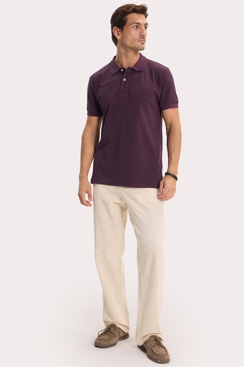 Erkek Slim Fit Dar Kesim %100 Pamuk Kısa Kollu Polo Yaka Mor Tişört