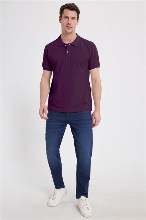 Erkek Slim Fit Dar Kesim %100 Pamuk Kısa Kollu Polo Yaka Mor Tişört