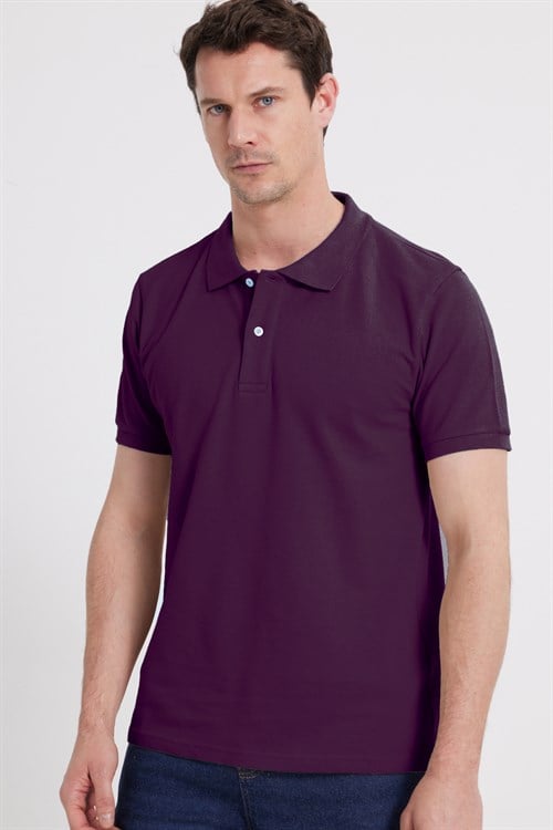 Erkek Slim Fit Dar Kesim %100 Pamuk Kısa Kollu Polo Yaka Mor Tişört