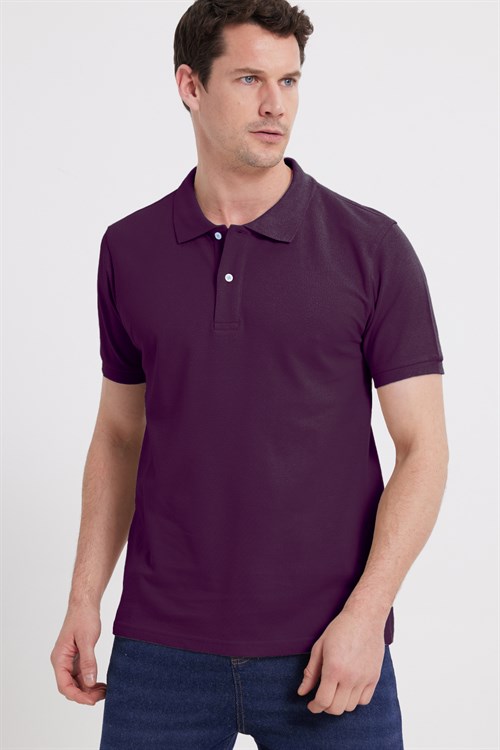 Erkek Slim Fit Dar Kesim %100 Pamuk Kısa Kollu Polo Yaka Mor Tişört