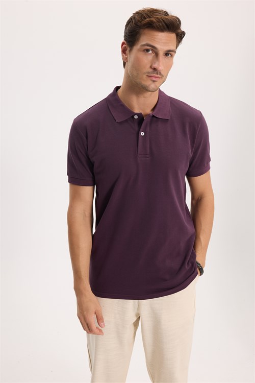 Erkek Slim Fit Dar Kesim %100 Pamuk Kısa Kollu Polo Yaka Mor Tişört