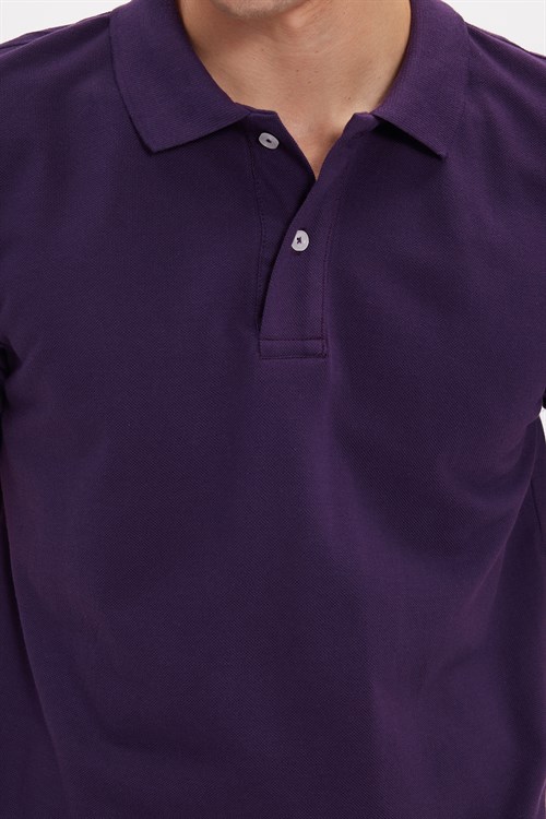 Erkek Slim Fit Dar Kesim %100 Pamuk Kısa Kollu Polo Yaka Mor Tişört