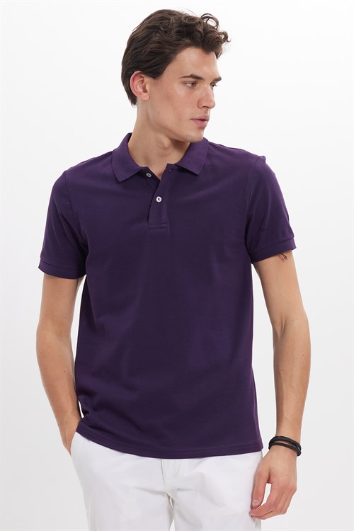Erkek Slim Fit Dar Kesim %100 Pamuk Kısa Kollu Polo Yaka Mor Tişört