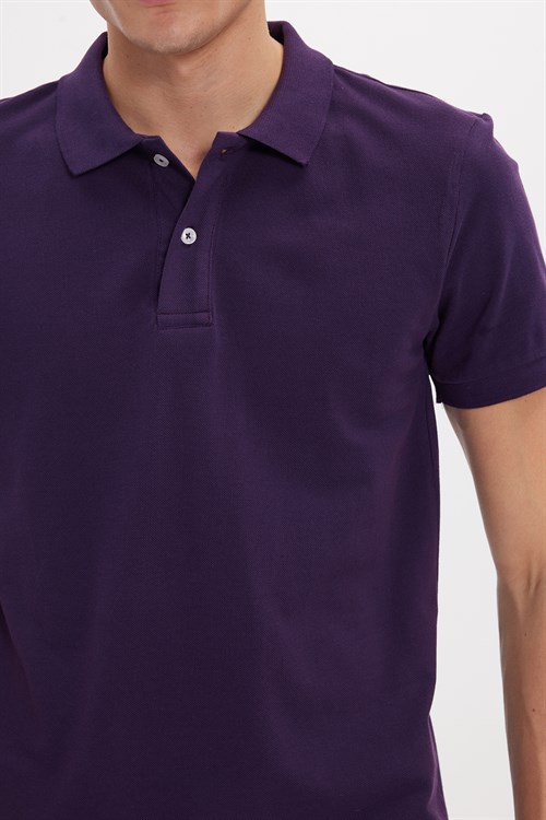 Erkek Slim Fit Dar Kesim %100 Pamuk Kısa Kollu Polo Yaka Mor Tişört