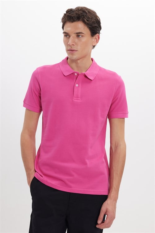 Erkek Slim Fit Dar Kesim %100 Pamuk Kısa Kollu Polo Yaka Pembe Tişört