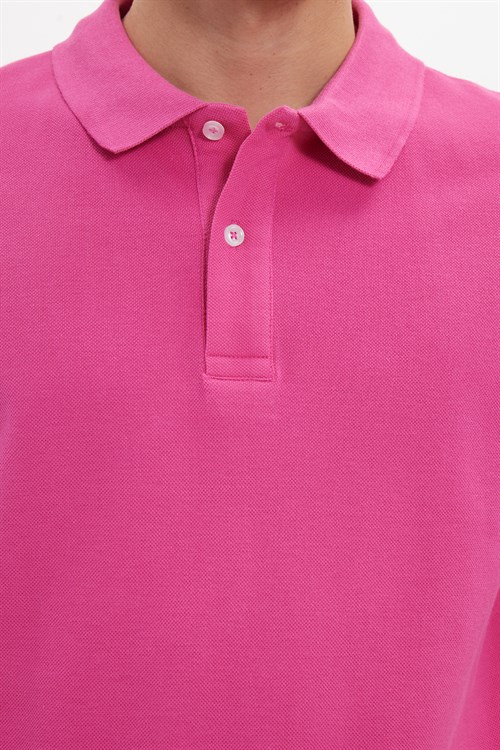 Erkek Slim Fit Dar Kesim %100 Pamuk Kısa Kollu Polo Yaka Pembe Tişört