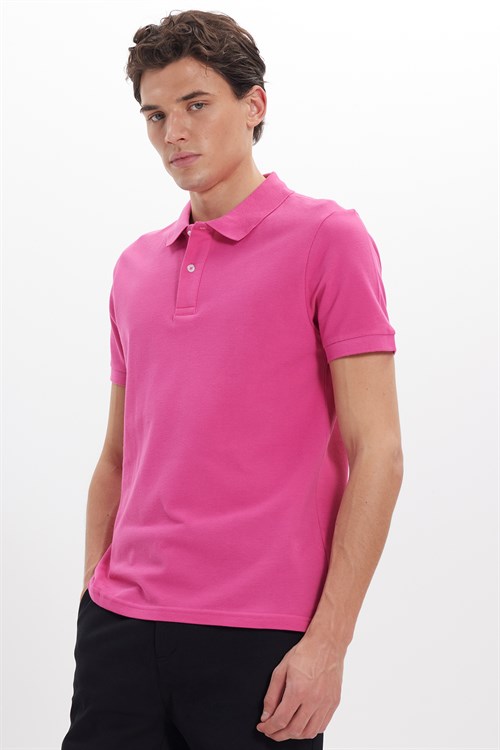 Erkek Slim Fit Dar Kesim %100 Pamuk Kısa Kollu Polo Yaka Pembe Tişört