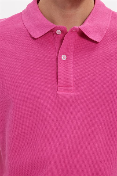 Erkek Slim Fit Dar Kesim %100 Pamuk Kısa Kollu Polo Yaka Pembe Tişört