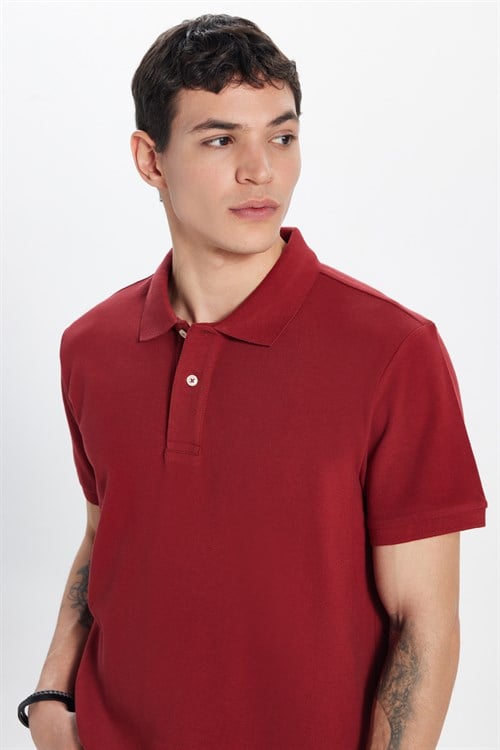 Erkek Slim Fit Dar Kesim %100 Pamuk Kısa Kollu Polo Yaka Bordo Tişört