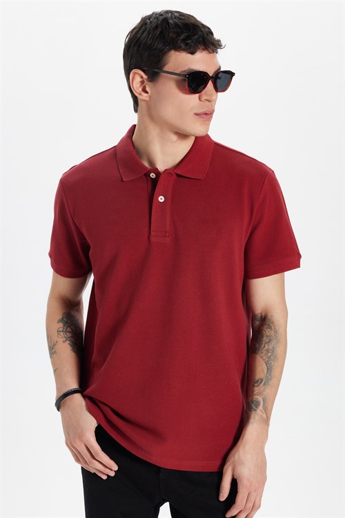 Erkek Slim Fit Dar Kesim %100 Pamuk Kısa Kollu Polo Yaka Bordo Tişört