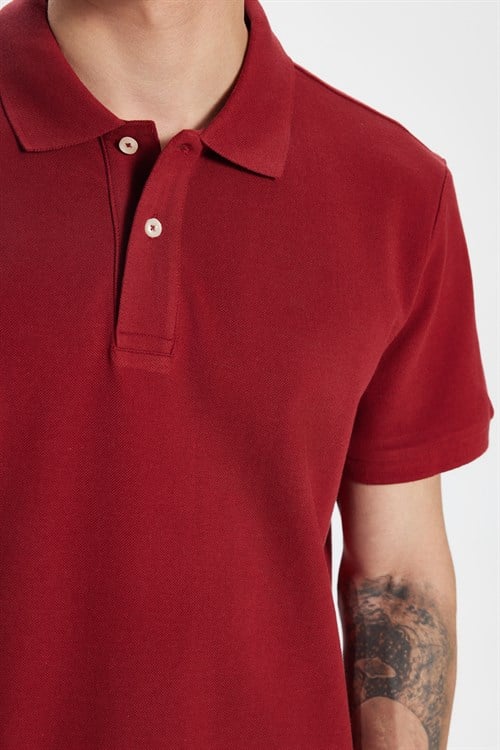 Erkek Slim Fit Dar Kesim %100 Pamuk Kısa Kollu Polo Yaka Bordo Tişört