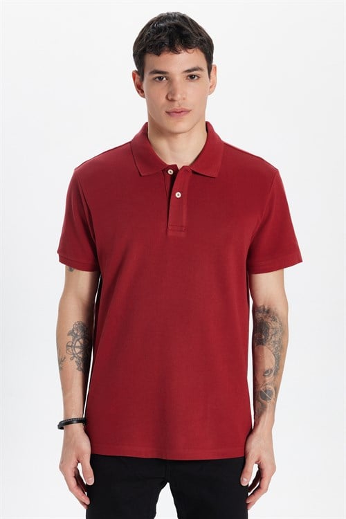 Erkek Slim Fit Dar Kesim %100 Pamuk Kısa Kollu Polo Yaka Bordo Tişört