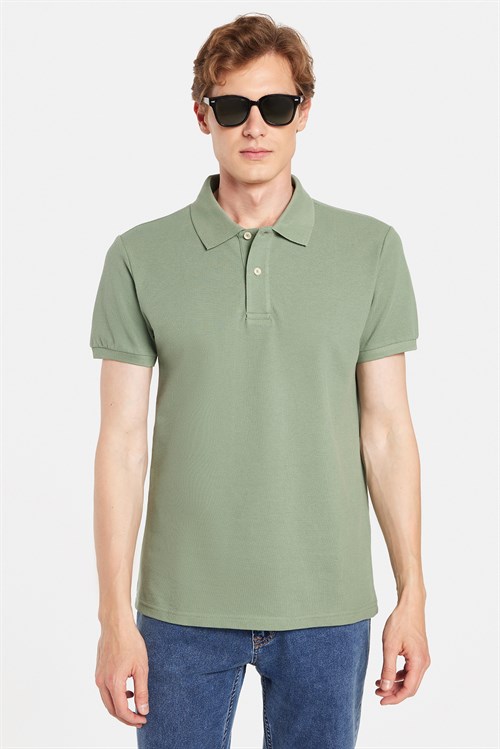 Erkek Slim Fit Dar Kesim %100 Pamuk Kısa Kollu Polo Yaka Yeşil Tişört
