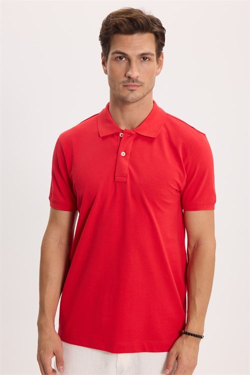 Erkek Slim Fit Dar Kesim %100 Pamuk Kısa Kollu Polo Yaka Kırmızı Tişört