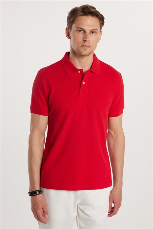 Erkek Slim Fit Dar Kesim %100 Pamuk Kısa Kollu Polo Yaka Kırmızı Tişört