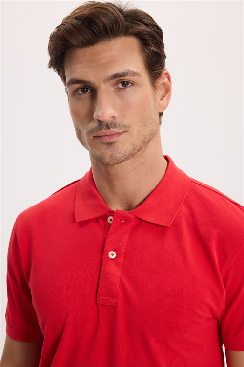 Erkek Slim Fit Dar Kesim %100 Pamuk Kısa Kollu Polo Yaka Kırmızı Tişört