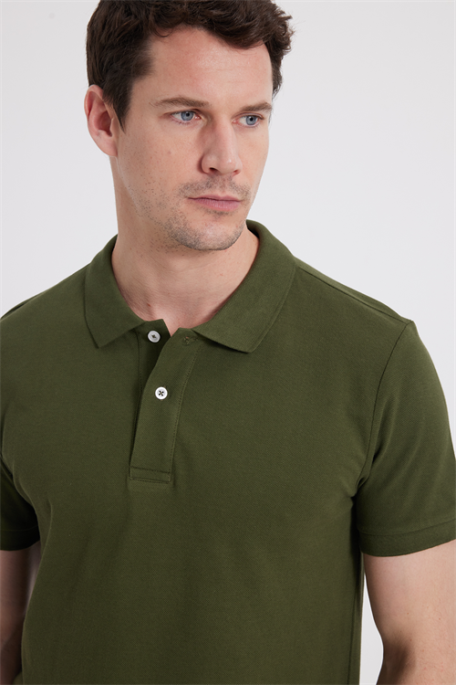 Erkek Slim Fit Dar Kesim %100 Pamuk Kısa Kollu Polo Yaka Haki Tişört