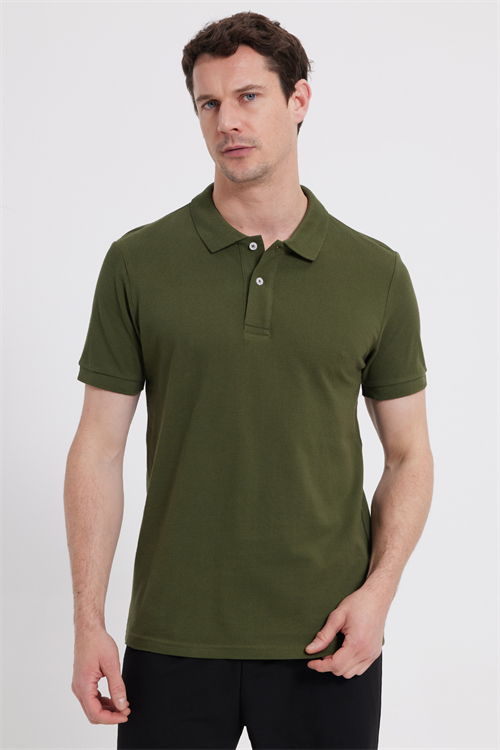 Erkek Slim Fit Dar Kesim %100 Pamuk Kısa Kollu Polo Yaka Haki Tişört