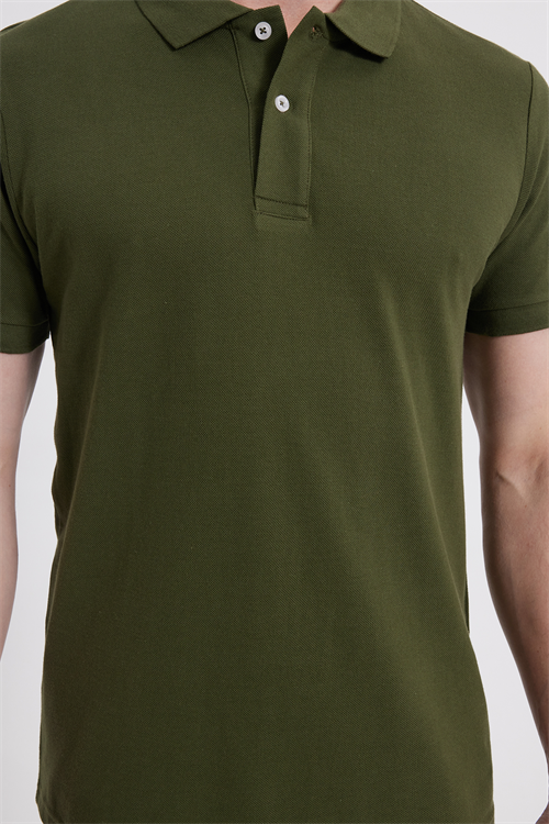 Erkek Slim Fit Dar Kesim %100 Pamuk Kısa Kollu Polo Yaka Haki Tişört