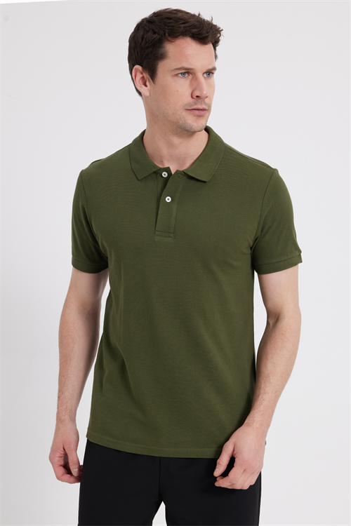 Erkek Slim Fit Dar Kesim %100 Pamuk Kısa Kollu Polo Yaka Haki Tişört