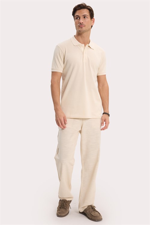 Erkek Slim Fit Dar Kesim %100 Pamuk Kısa Kollu Polo Yaka Ekru Tişört