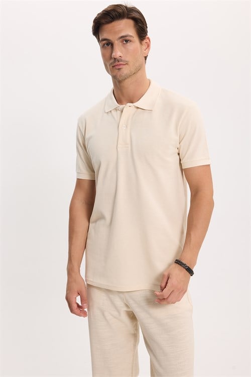 Erkek Slim Fit Dar Kesim %100 Pamuk Kısa Kollu Polo Yaka Ekru Tişört