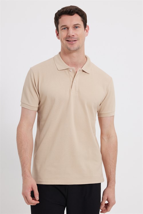 Erkek Slim Fit Dar Kesim %100 Pamuk Kısa Kollu Polo Yaka Ekru Tişört