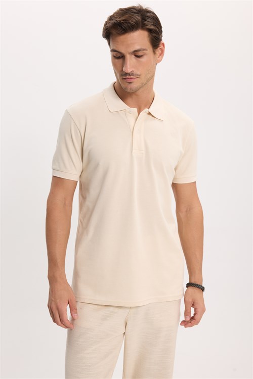 Erkek Slim Fit Dar Kesim %100 Pamuk Kısa Kollu Polo Yaka Ekru Tişört