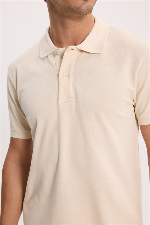 Erkek Slim Fit Dar Kesim %100 Pamuk Kısa Kollu Polo Yaka Ekru Tişört
