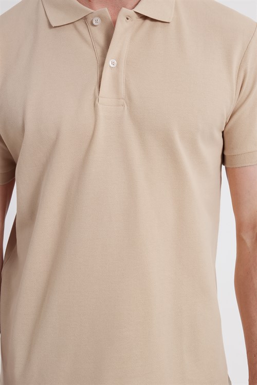 Erkek Slim Fit Dar Kesim %100 Pamuk Kısa Kollu Polo Yaka Ekru Tişört
