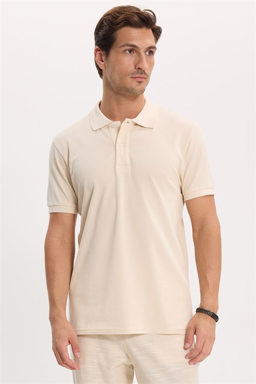 Erkek Slim Fit Dar Kesim %100 Pamuk Kısa Kollu Polo Yaka Ekru Tişört