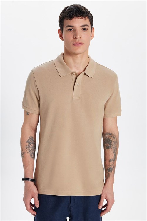 Erkek Slim Fit Dar Kesim %100 Pamuk Kısa Kollu Polo Yaka Taş Tişört