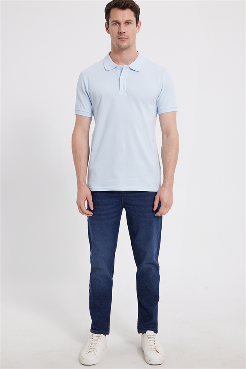 Erkek Slim Fit Dar Kesim %100 Pamuk Kısa Kollu Polo Yaka Turkuaz Tişört