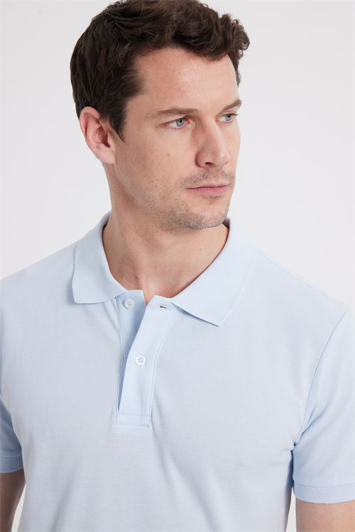 Erkek Slim Fit Dar Kesim %100 Pamuk Kısa Kollu Polo Yaka Turkuaz Tişört