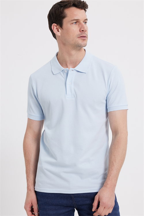 Erkek Slim Fit Dar Kesim %100 Pamuk Kısa Kollu Polo Yaka Turkuaz Tişört