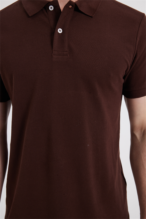 Erkek Slim Fit Dar Kesim %100 Pamuk Kısa Kollu Polo Yaka Kahverengi Tişört