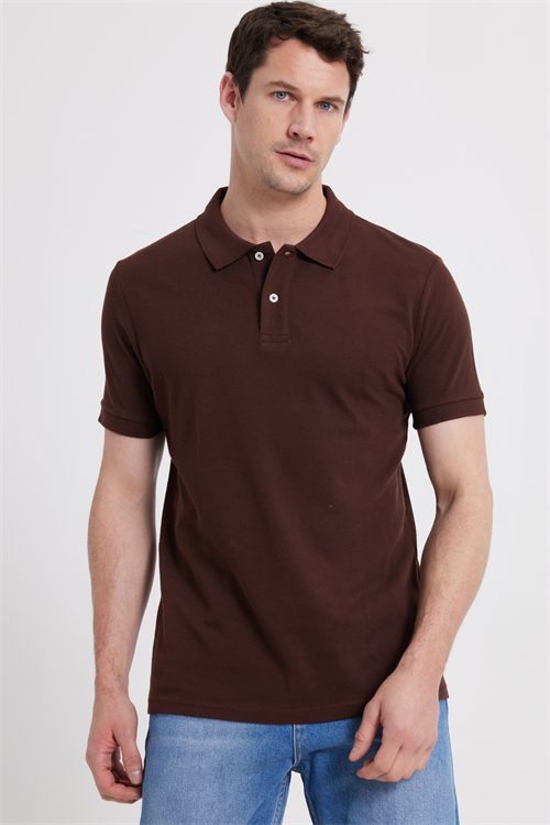 Erkek Slim Fit Dar Kesim %100 Pamuk Kısa Kollu Polo Yaka Kahverengi Tişört