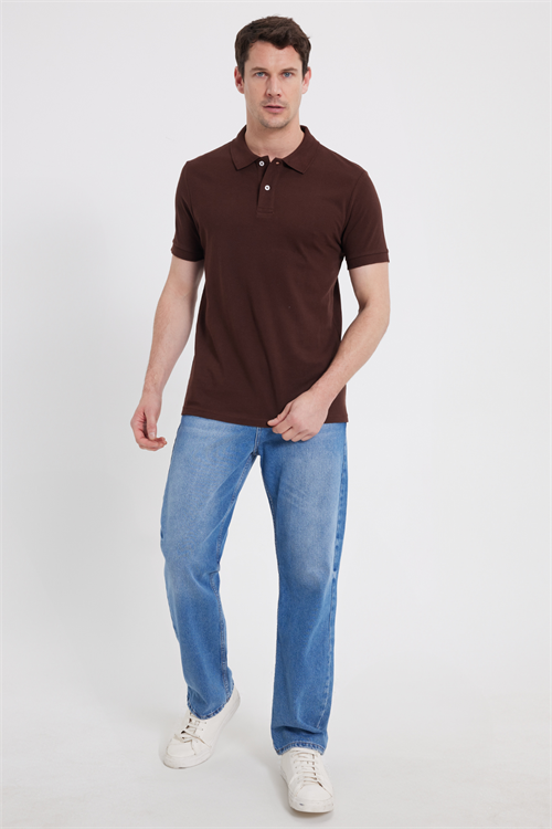 Erkek Slim Fit Dar Kesim %100 Pamuk Kısa Kollu Polo Yaka Kahverengi Tişört