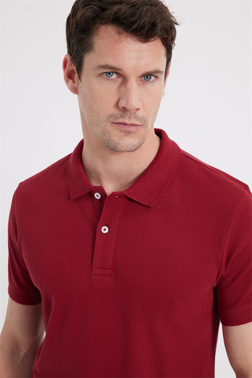 Erkek Slim Fit Dar Kesim %100 Pamuk Kısa Kollu Polo Yaka Kırmızı Tişört