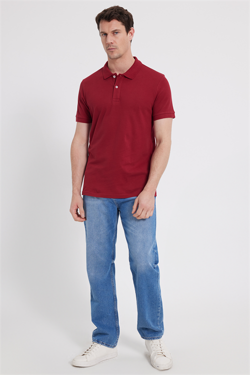Erkek Slim Fit Dar Kesim %100 Pamuk Kısa Kollu Polo Yaka Kırmızı Tişört