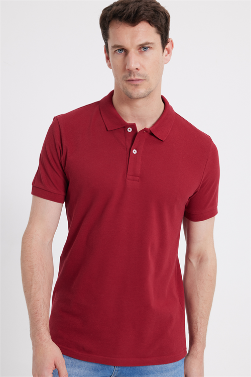 Erkek Slim Fit Dar Kesim %100 Pamuk Kısa Kollu Polo Yaka Kırmızı Tişört
