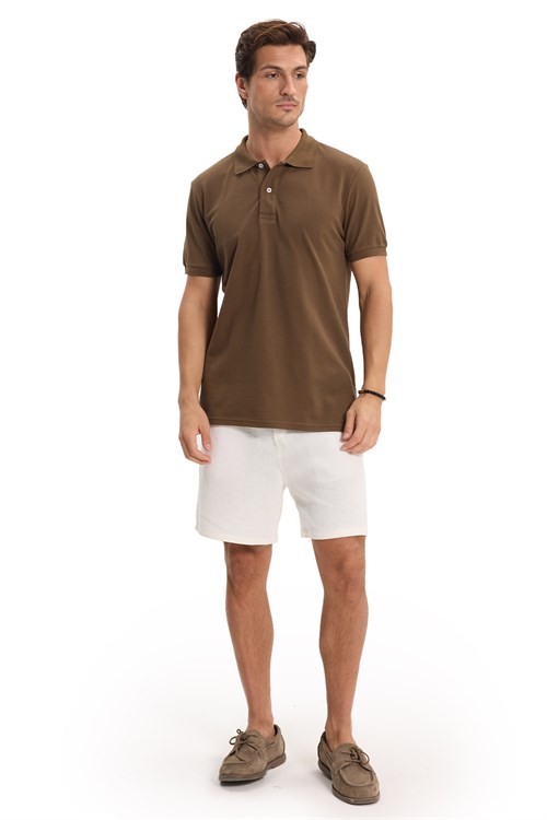 Erkek Slim Fit Dar Kesim %100 Pamuk Kısa Kollu Polo Yaka Kahverengi Tişört