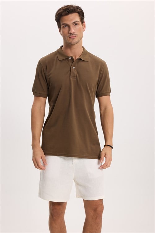 Erkek Slim Fit Dar Kesim %100 Pamuk Kısa Kollu Polo Yaka Kahverengi Tişört