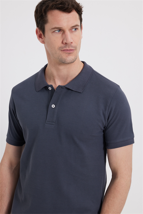 Erkek Slim Fit Dar Kesim %100 Pamuk Kısa Kollu Polo Yaka Koyu Gri Tişört