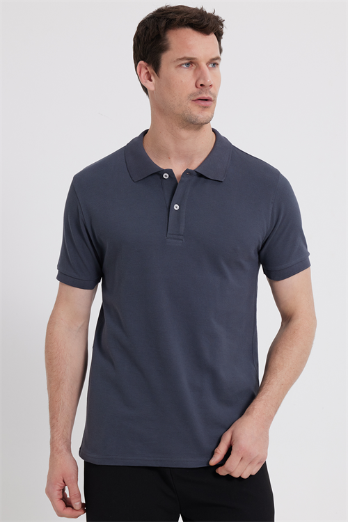 Erkek Slim Fit Dar Kesim %100 Pamuk Kısa Kollu Polo Yaka Koyu Gri Tişört