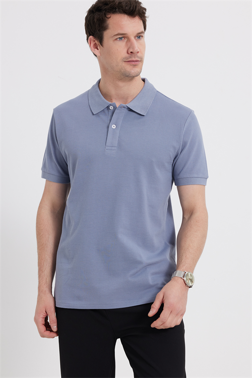 Erkek Slim Fit Dar Kesim %100 Pamuk Kısa Kollu Polo Yaka Gri Tişört