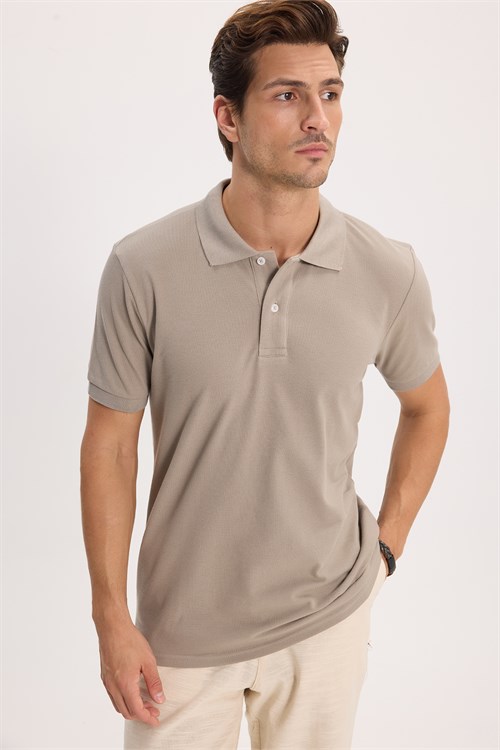 Erkek Slim Fit Dar Kesim %100 Pamuk Kısa Kollu Polo Yaka Vizon Tişört